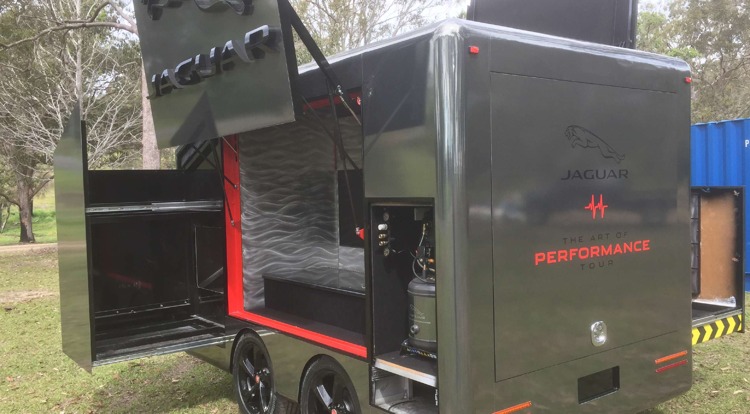 Jaguar trailer fully deployed with espresso bar