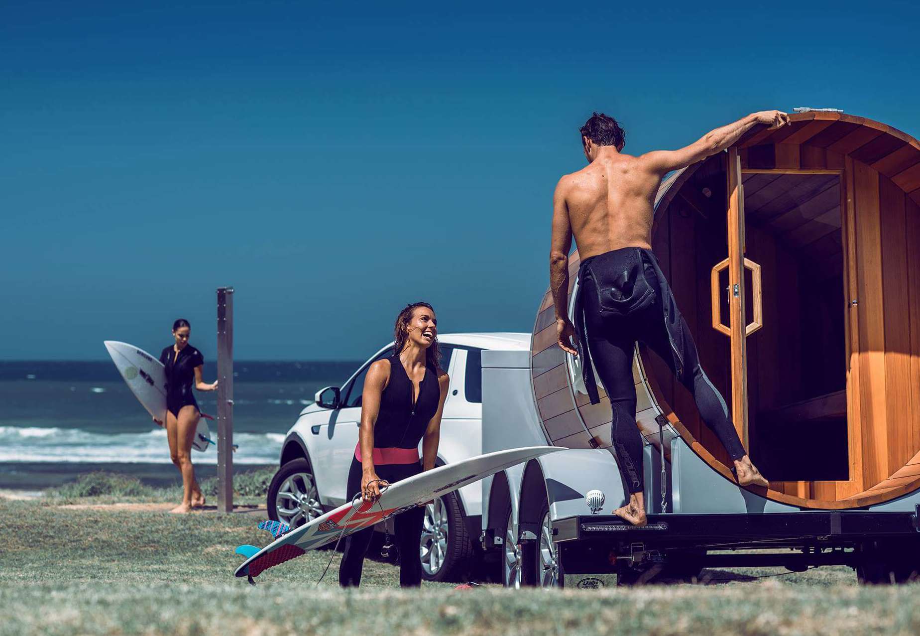 Adventurer stepping into the Land Rover Adventure Sauna