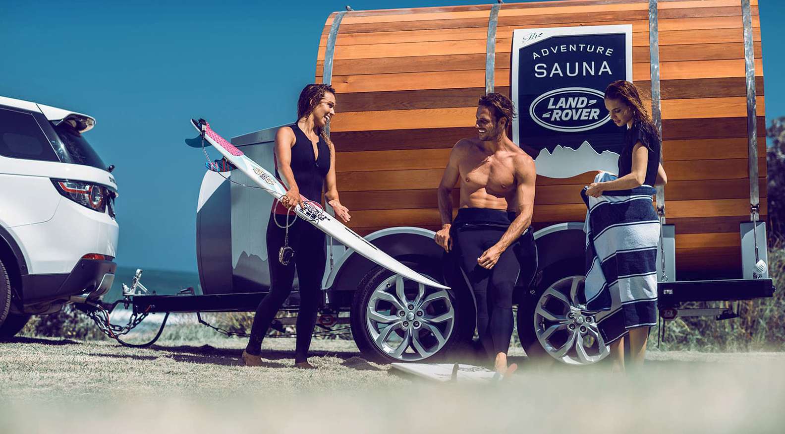 Surfers warming up at the Adventure Sauna